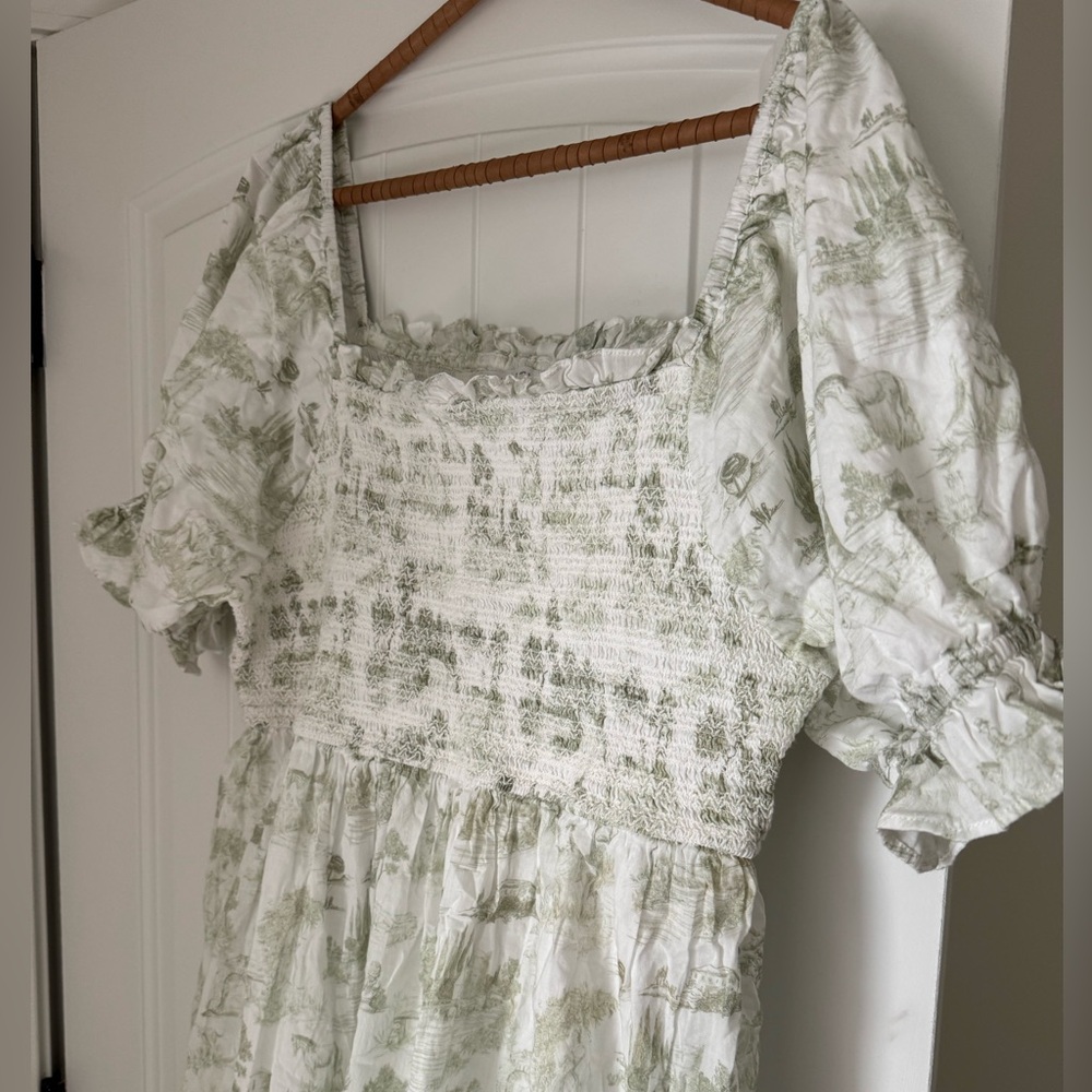 Ivy City Co. Valencia White Smocked Cottage Tiered Midi White Green Floral Dress - Picture 5 of 6